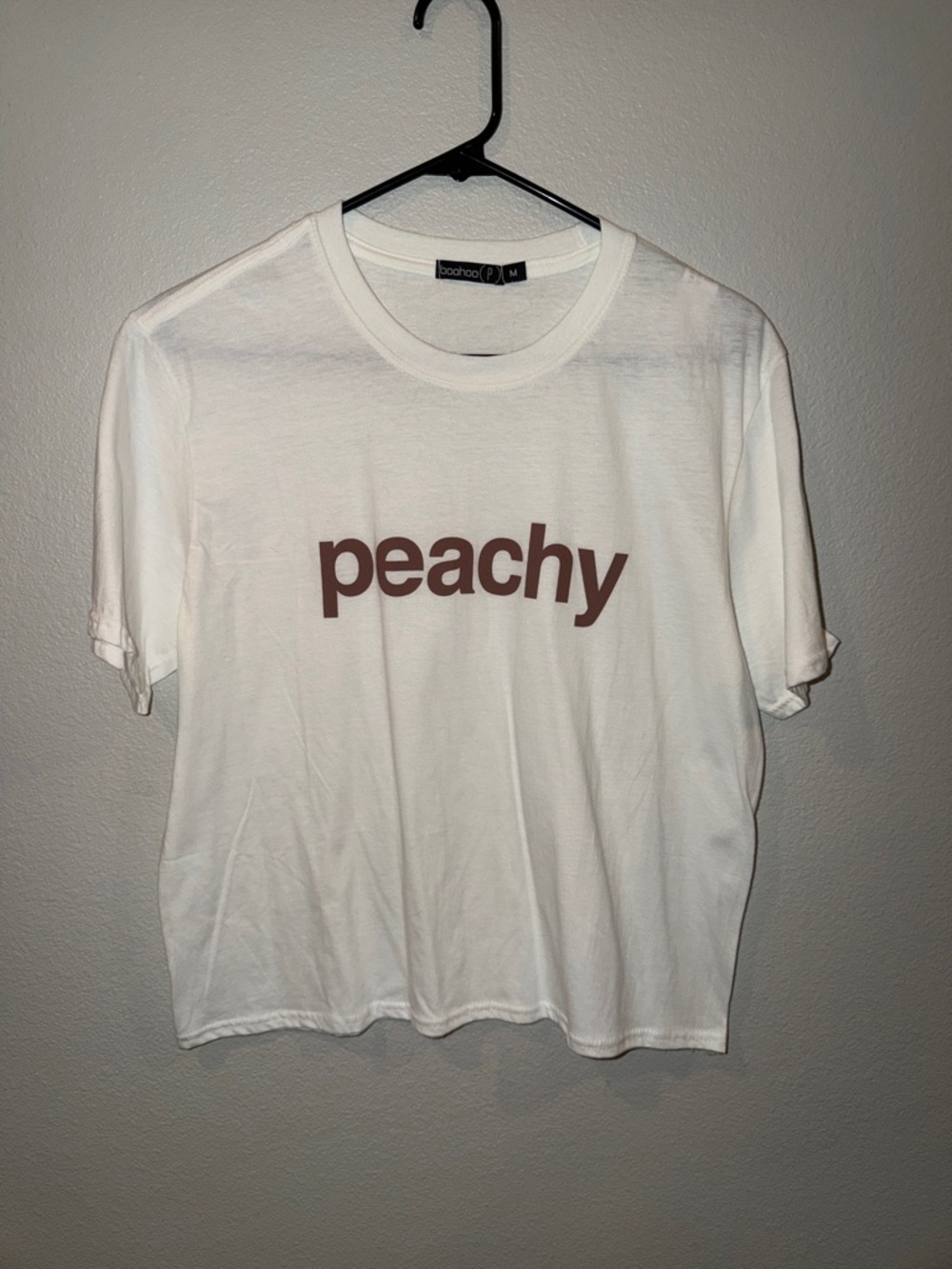 Boohoo Petite White Tee with Brown 'peachy' Graphic